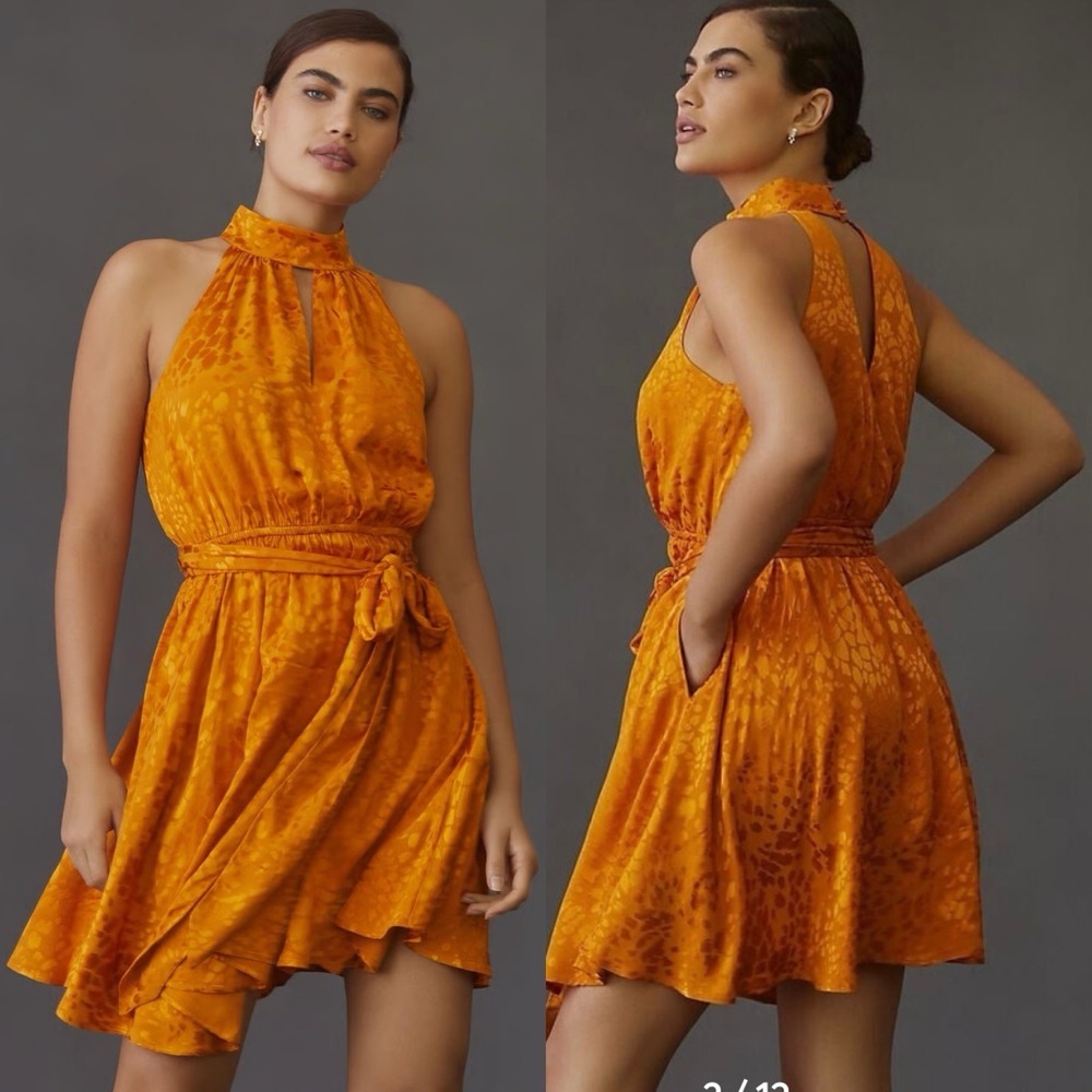 NWT Anthropologie Halter Neck Mini Dress Golden Orange Animal Print Party sz L